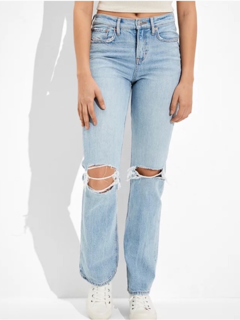 American Eagle Light Wash Distressed 90s Bootcut Jeans Sz 14
